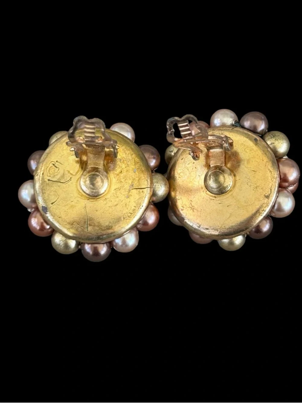 VTG MCM Beaded Pearl Cluster Clip On Earrings Shades of Brown Marked Japan 1